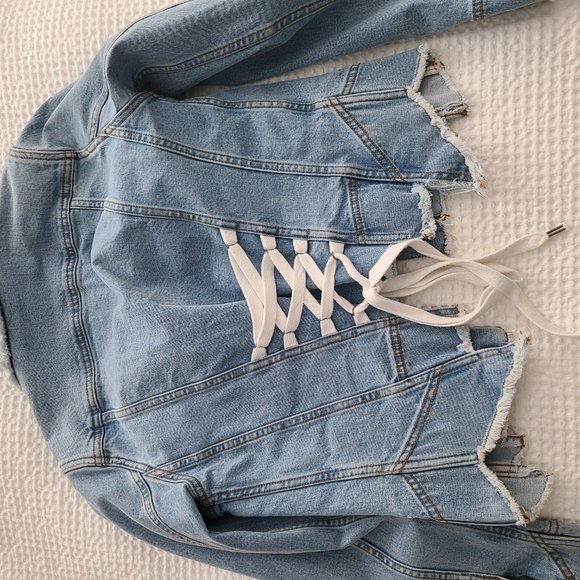 Aje Blue Denim Jacket with White Lace-Up Detail - Picture 6 of 7